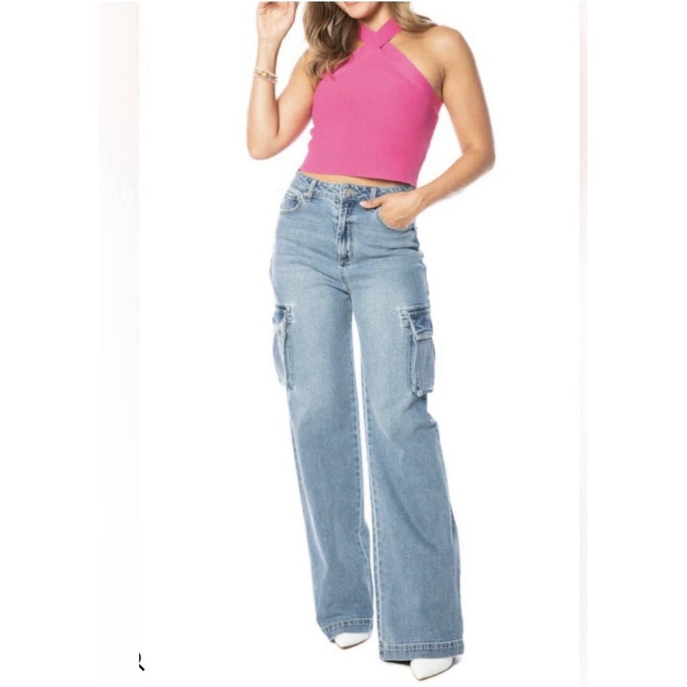 NEW Juicy couture‎ wide leg jean cargo pockets womens sz 27 light wash